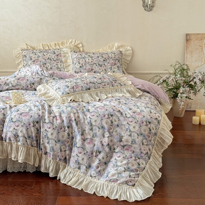 91家纺网 家纺一手货源 找家纺 花香四季家纺 2026新款全棉双层纱数码印花四件套 海棠花开-绿