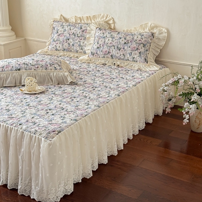 91家纺网 家纺一手货源 找家纺 花香四季家纺 2026新款全棉双层纱数码印花四件套 海棠花开-绿