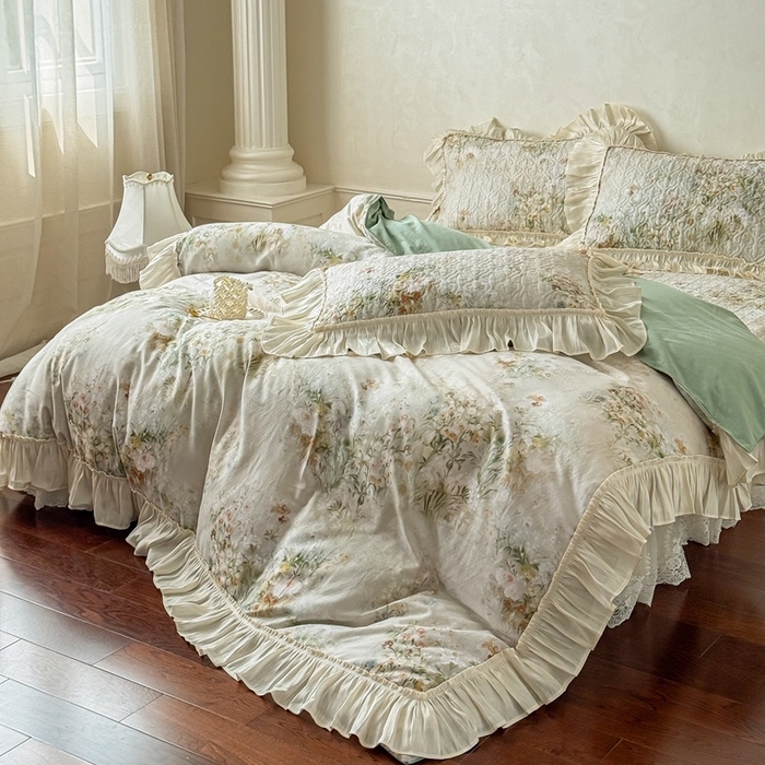 91家纺网 家纺一手货源 找家纺 花香四季家纺 2026新款全棉双层纱数码印花四件套 洛丽可