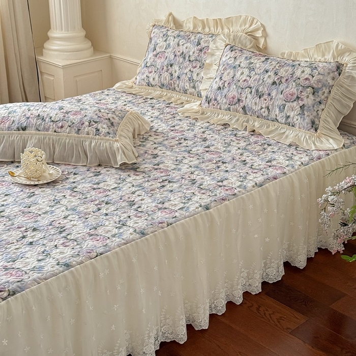 91家纺网 家纺一手货源 找家纺 花香四季家纺 2026新款全棉双层纱数码印花四件套 海棠花开-绿