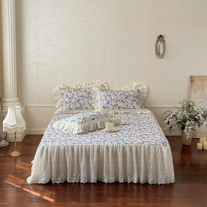 91家纺网 家纺一手货源 找家纺 花香四季家纺 2026新款全棉双层纱数码印花四件套 海棠花开-绿