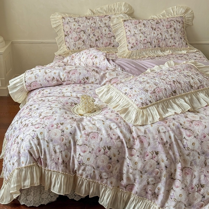 91家纺网 家纺一手货源 找家纺 花香四季家纺 2026新款全棉双层纱数码印花四件套 海棠花开-紫