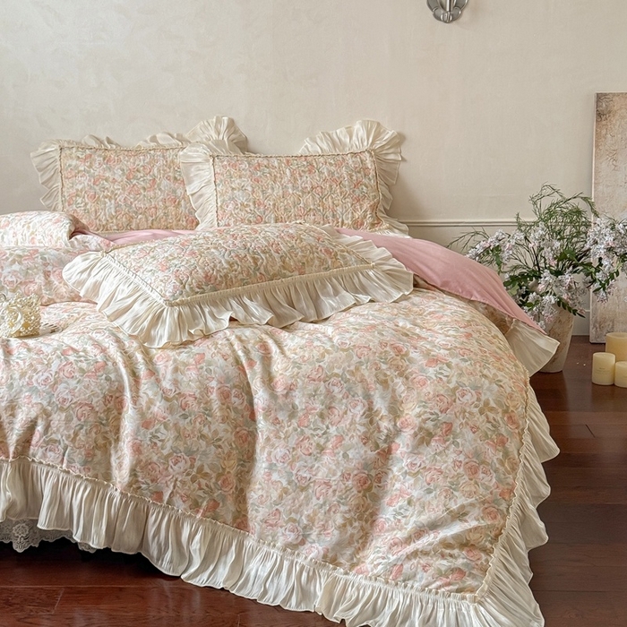 91家纺网 家纺一手货源 找家纺 花香四季家纺 2026新款全棉双层纱数码印花四件套 朝花夕拾