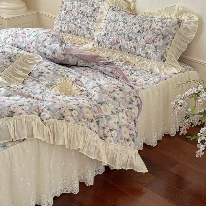 91家纺网 家纺一手货源 找家纺 花香四季家纺 2026新款全棉双层纱数码印花四件套 海棠花开-绿