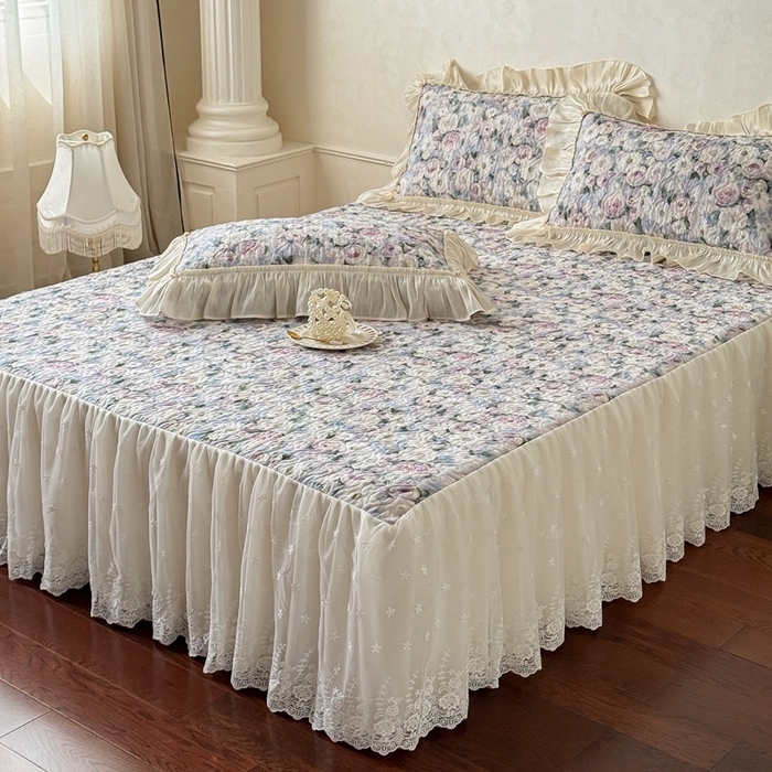 91家纺网 家纺一手货源 找家纺 花香四季家纺 2026新款全棉双层纱数码印花四件套 海棠花开-绿