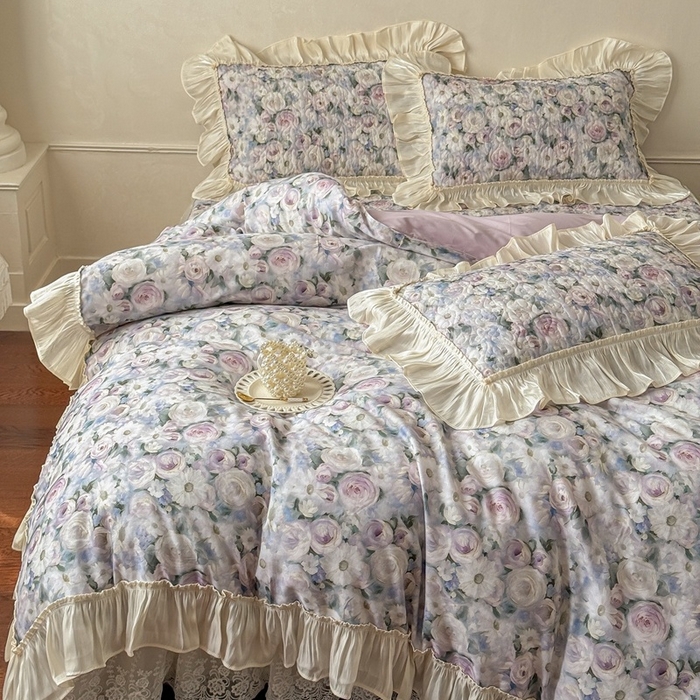 91家纺网 家纺一手货源 找家纺 花香四季家纺 2026新款全棉双层纱数码印花四件套 海棠花开-绿