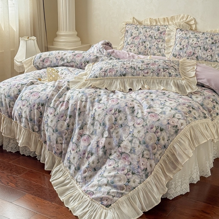 91家纺网 家纺一手货源 找家纺 花香四季家纺 2026新款全棉双层纱数码印花四件套 海棠花开-绿