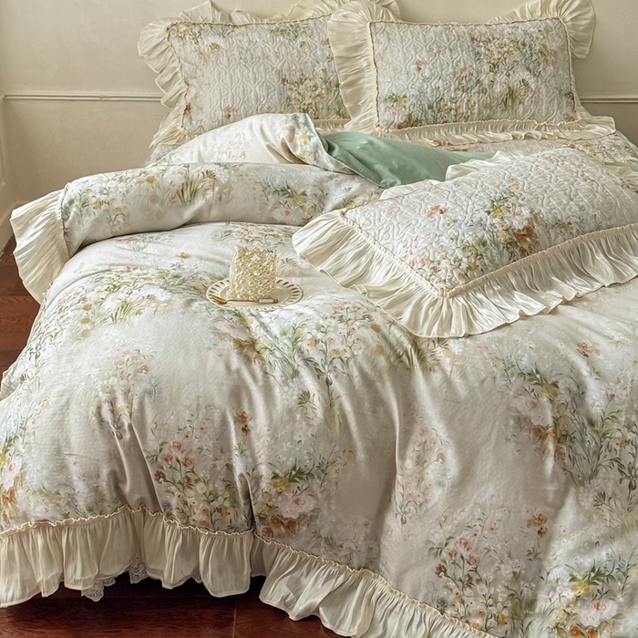 91家纺网 家纺一手货源 找家纺 花香四季家纺 2026新款全棉双层纱数码印花四件套 洛丽可