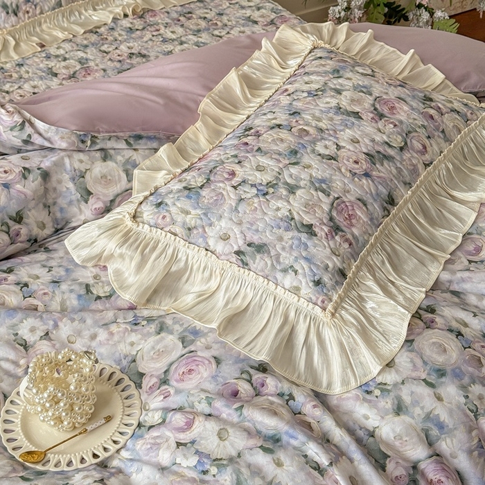 91家纺网 家纺一手货源 找家纺 花香四季家纺 2026新款全棉双层纱数码印花四件套 海棠花开-绿