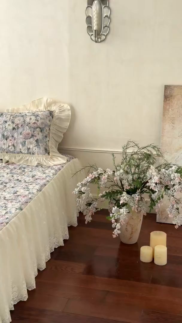 91家纺网 家纺一手货源 找家纺 花香四季家纺 2026新款全棉双层纱数码印花四件套 海棠花开-绿