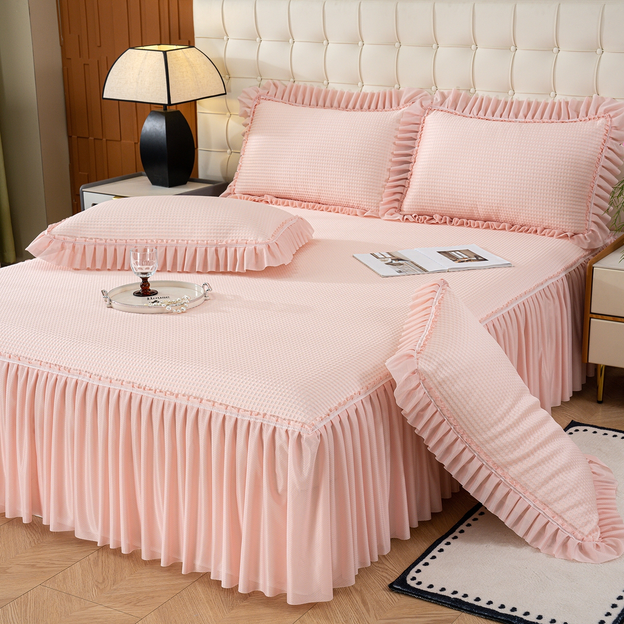 91家纺网 家纺一手货源 找家纺 （总）悦织湾家纺 2026新款床裙款3D华夫格豆豆凉席三件套千鸟阁凉豆豆冰爽夏凉席子三件套