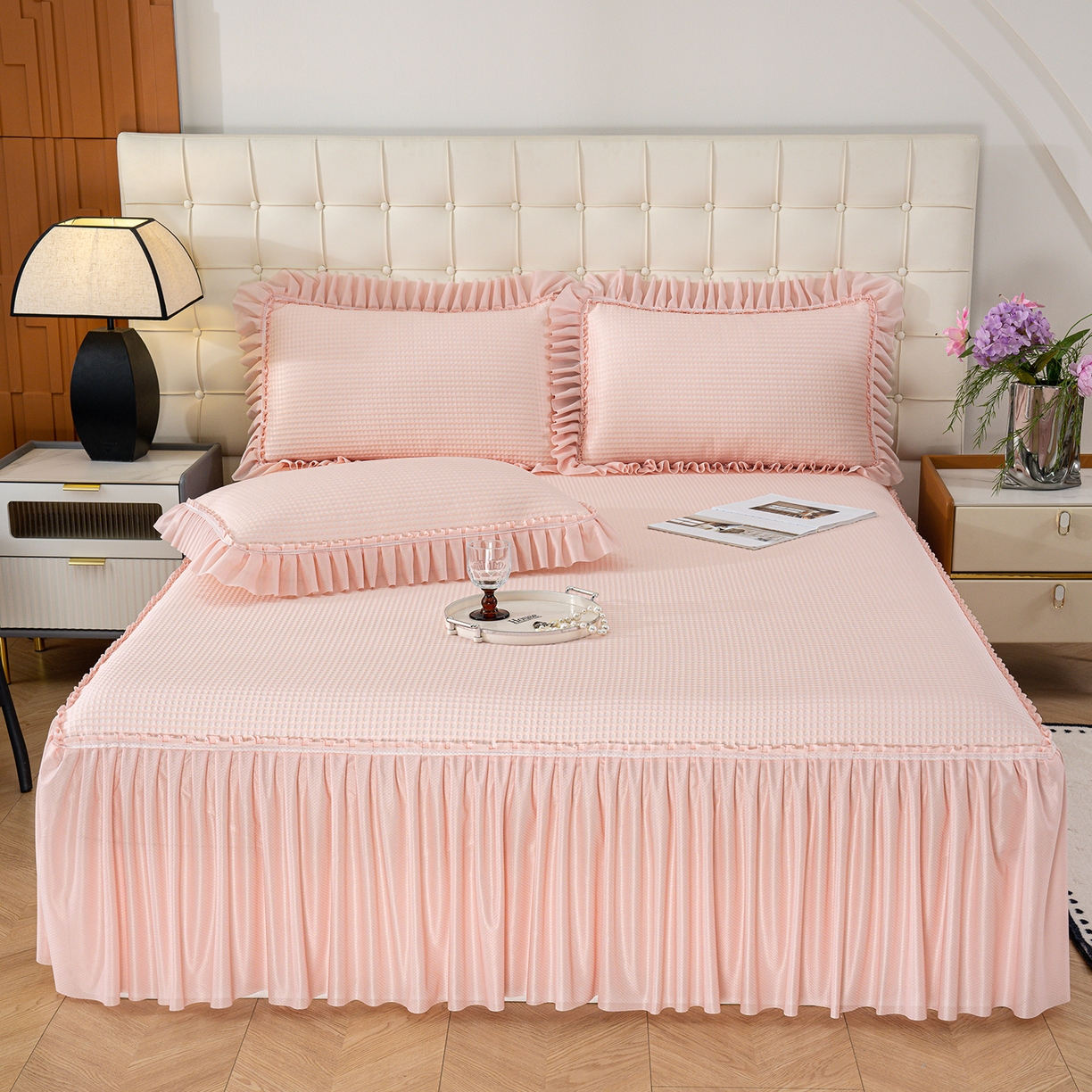 91家纺网 家纺一手货源 找家纺 （总）悦织湾家纺 2026新款床裙款3D华夫格豆豆凉席三件套千鸟阁凉豆豆冰爽夏凉席子三件套