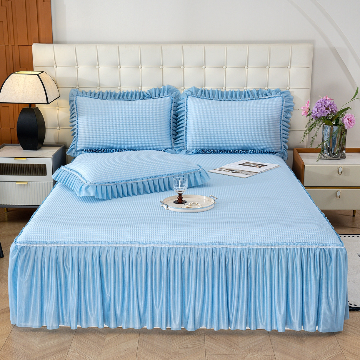 91家纺网 家纺一手货源 找家纺 （总）悦织湾家纺 2026新款床裙款3D华夫格豆豆凉席三件套千鸟阁凉豆豆冰爽夏凉席子三件套