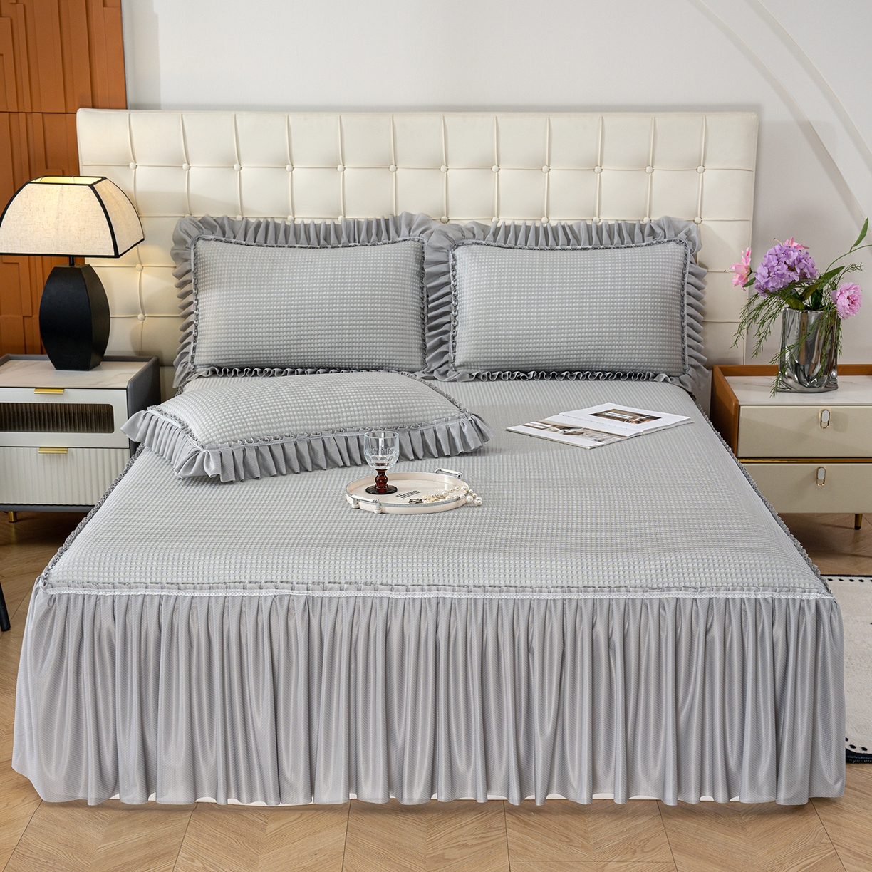 91家纺网 家纺一手货源 找家纺 （总）悦织湾家纺 2026新款床裙款3D华夫格豆豆凉席三件套千鸟阁凉豆豆冰爽夏凉席子三件套