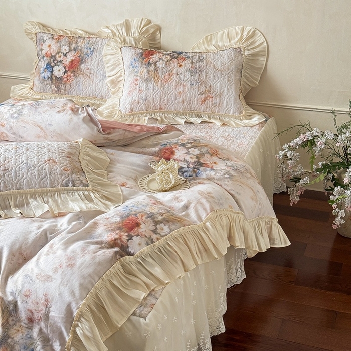 91家纺网 家纺一手货源 找家纺 （总）花香四季家纺 2026新款全棉双层纱床裙三件套