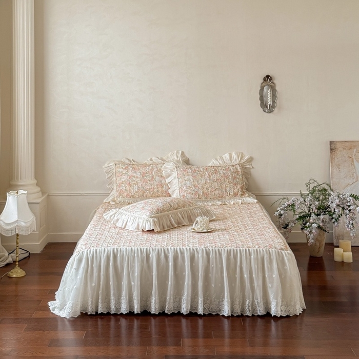 91家纺网 家纺一手货源 找家纺 花香四季家纺 2026新款全棉双层纱床裙三件套 朝花夕拾