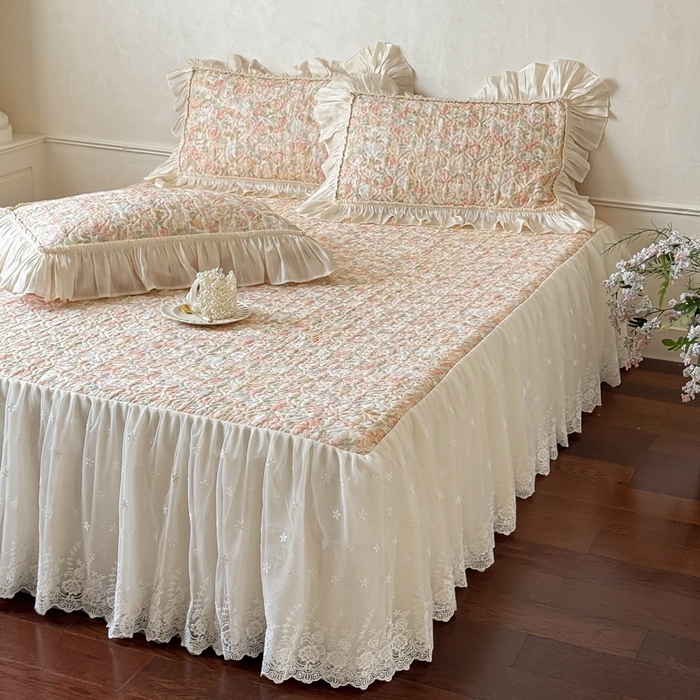 91家纺网 家纺一手货源 找家纺 花香四季家纺 2026新款全棉双层纱床裙三件套 朝花夕拾