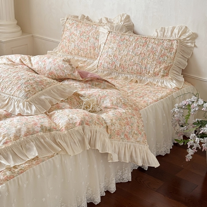 91家纺网 家纺一手货源 找家纺 花香四季家纺 2026新款全棉双层纱床裙三件套 朝花夕拾