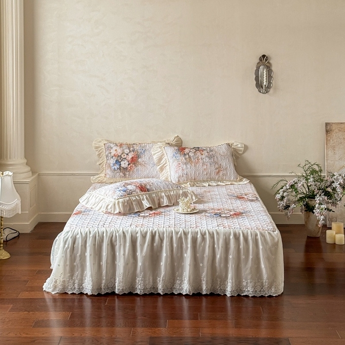 91家纺网 家纺一手货源 找家纺 花香四季家纺 2026新款全棉双层纱床裙三件套 半夏