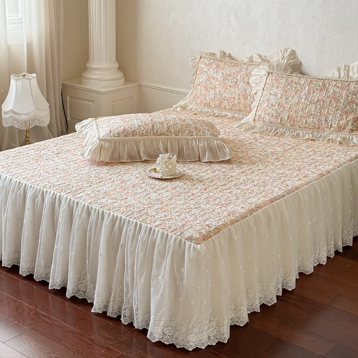 91家纺网 家纺一手货源 找家纺 花香四季家纺 2026新款全棉双层纱床裙三件套 朝花夕拾