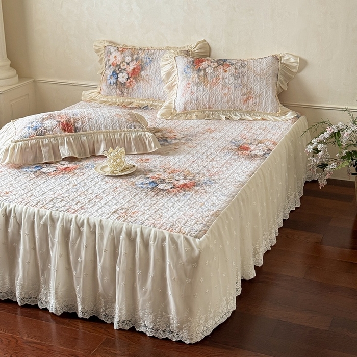 91家纺网 家纺一手货源 找家纺 花香四季家纺 2026新款全棉双层纱床裙三件套 半夏