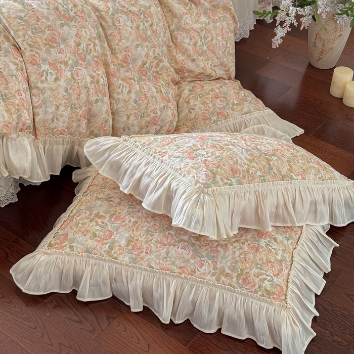 91家纺网 家纺一手货源 找家纺 花香四季家纺 2026新款全棉双层纱床裙三件套 朝花夕拾