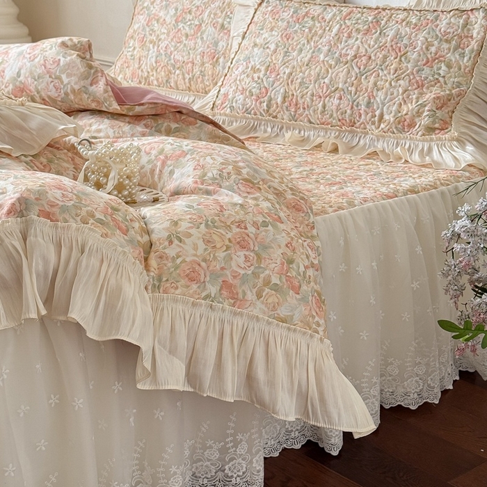 91家纺网 家纺一手货源 找家纺 花香四季家纺 2026新款全棉双层纱床裙三件套 朝花夕拾