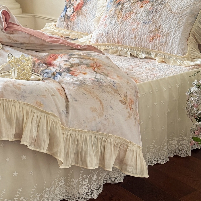 91家纺网 家纺一手货源 找家纺 花香四季家纺 2026新款全棉双层纱床裙三件套 半夏