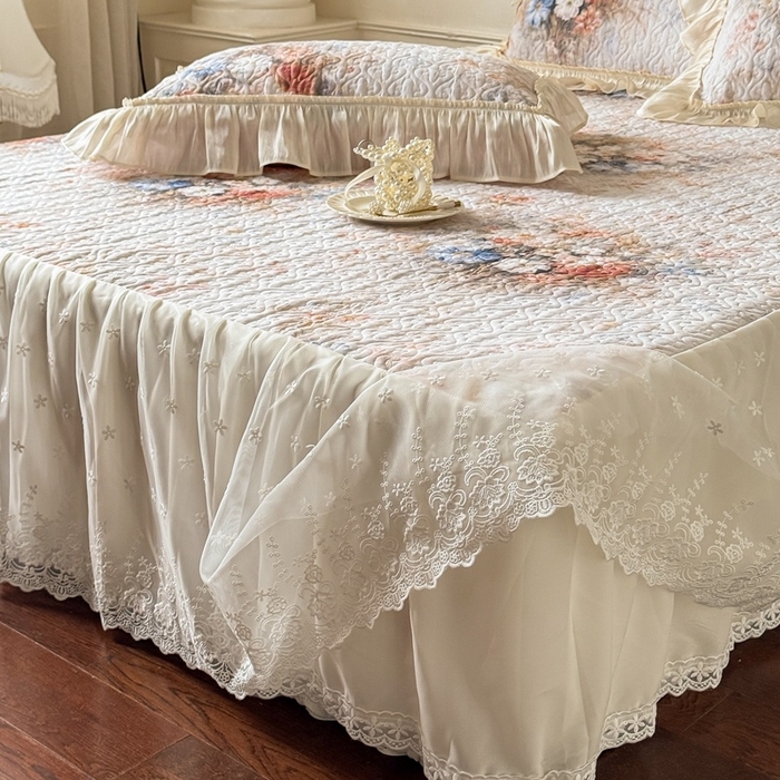 91家纺网 家纺一手货源 找家纺 花香四季家纺 2026新款全棉双层纱床裙三件套 半夏