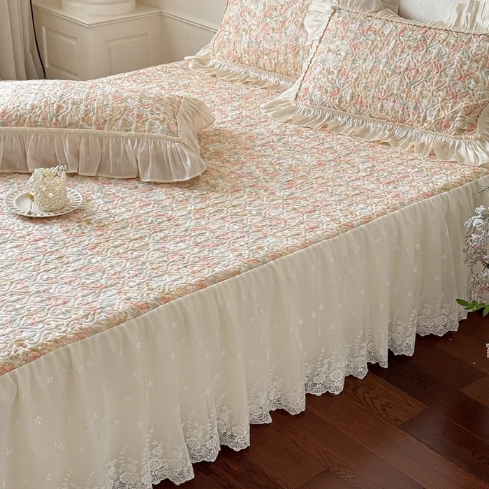 91家纺网 家纺一手货源 找家纺 花香四季家纺 2026新款全棉双层纱床裙三件套 朝花夕拾