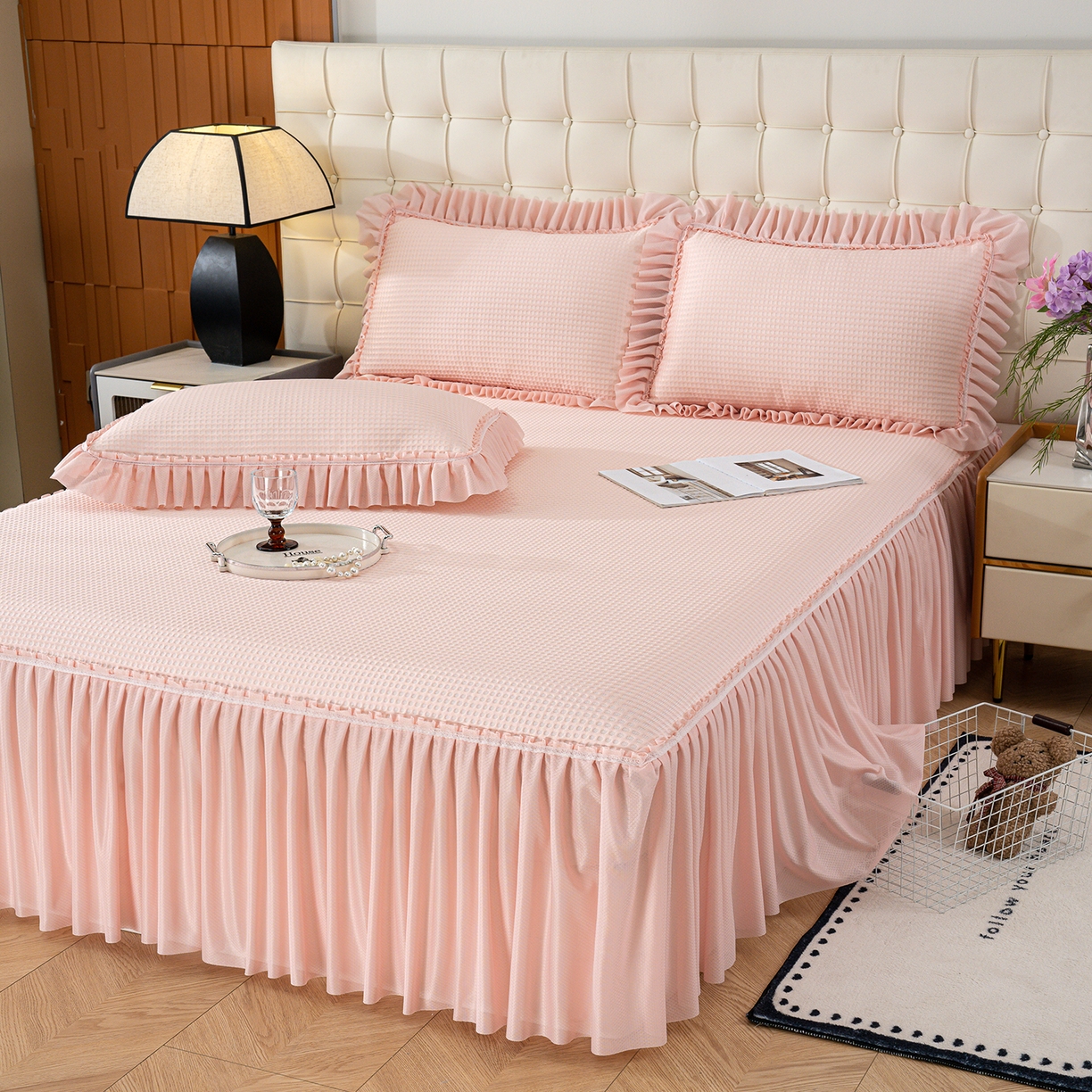 91家纺网 家纺一手货源 找家纺 悦织湾家纺 2026新款床裙款3D华夫格豆豆凉席三件套千鸟阁凉豆豆冰爽夏凉席子三件套 华夫格-粉玉