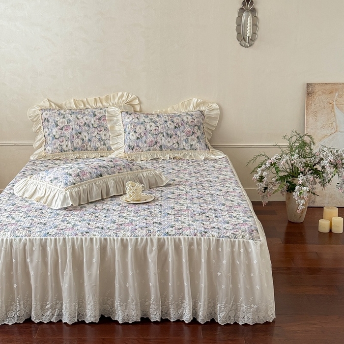 91家纺网 家纺一手货源 找家纺 花香四季家纺 2026新款全棉双层纱床裙三件套 海棠花开-绿