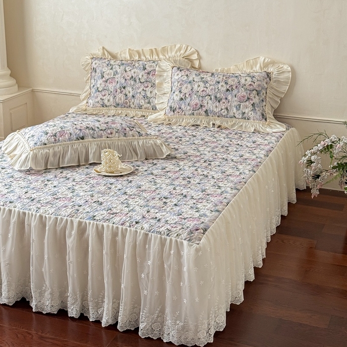 91家纺网 家纺一手货源 找家纺 花香四季家纺 2026新款全棉双层纱床裙三件套 海棠花开-绿