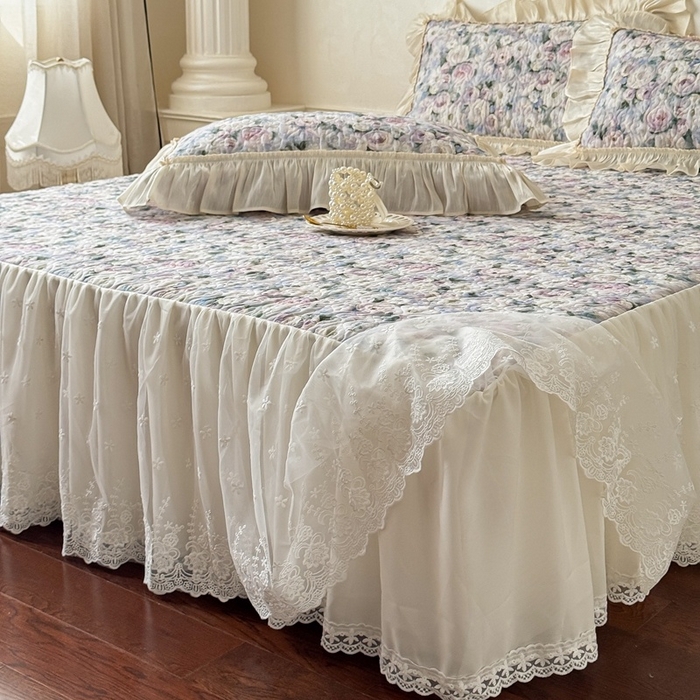 91家纺网 家纺一手货源 找家纺 花香四季家纺 2026新款全棉双层纱床裙三件套 海棠花开-绿