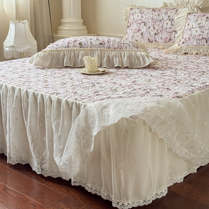 91家纺网 家纺一手货源 找家纺 花香四季家纺 2026新款全棉双层纱床裙三件套 海棠花开-紫