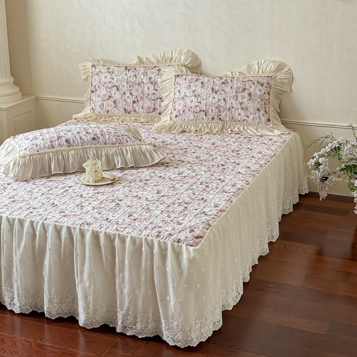 91家纺网 家纺一手货源 找家纺 花香四季家纺 2026新款全棉双层纱床裙三件套 海棠花开-紫