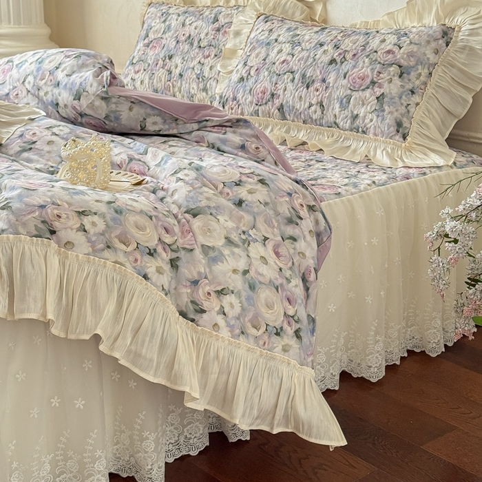 91家纺网 家纺一手货源 找家纺 花香四季家纺 2026新款全棉双层纱床裙三件套 海棠花开-绿