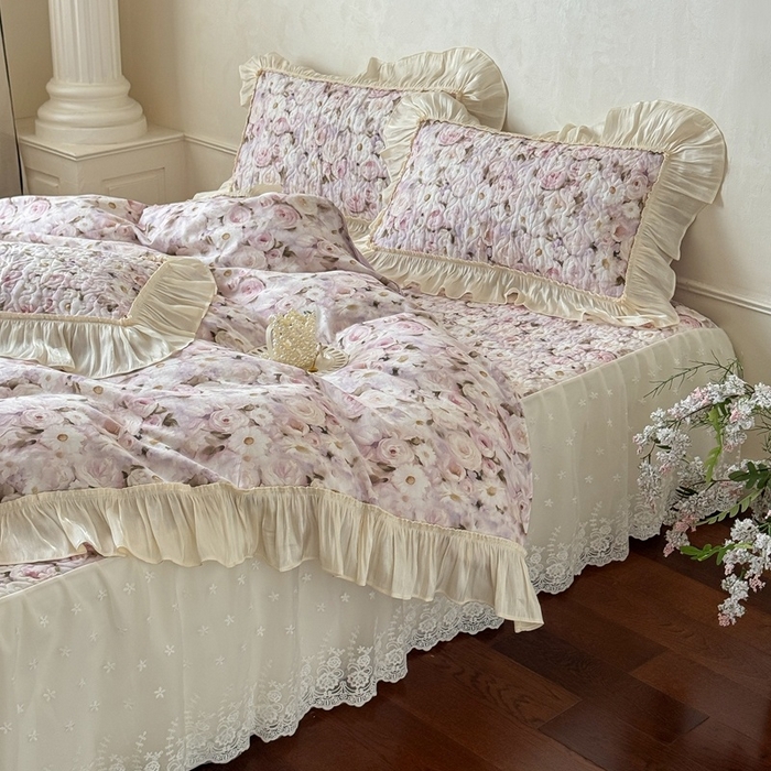 91家纺网 家纺一手货源 找家纺 花香四季家纺 2026新款全棉双层纱床裙三件套 海棠花开-紫