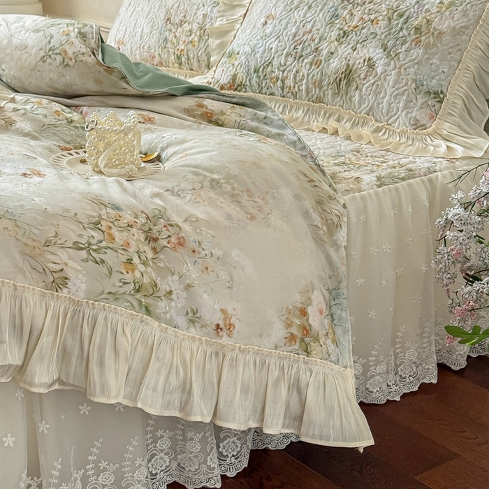 91家纺网 家纺一手货源 找家纺 花香四季家纺 2026新款全棉双层纱床裙三件套 洛丽可