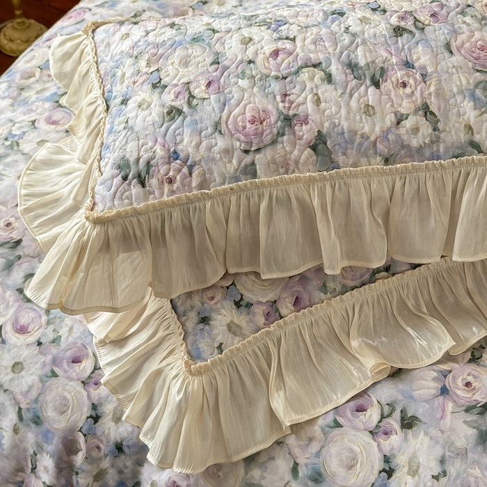 91家纺网 家纺一手货源 找家纺 花香四季家纺 2026新款全棉双层纱床裙三件套 海棠花开-绿