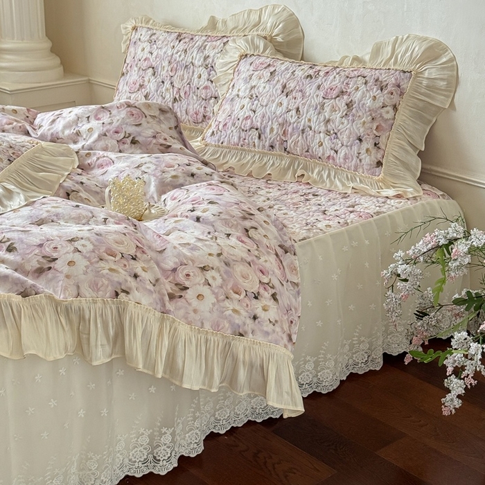 91家纺网 家纺一手货源 找家纺 花香四季家纺 2026新款全棉双层纱床裙三件套 海棠花开-紫