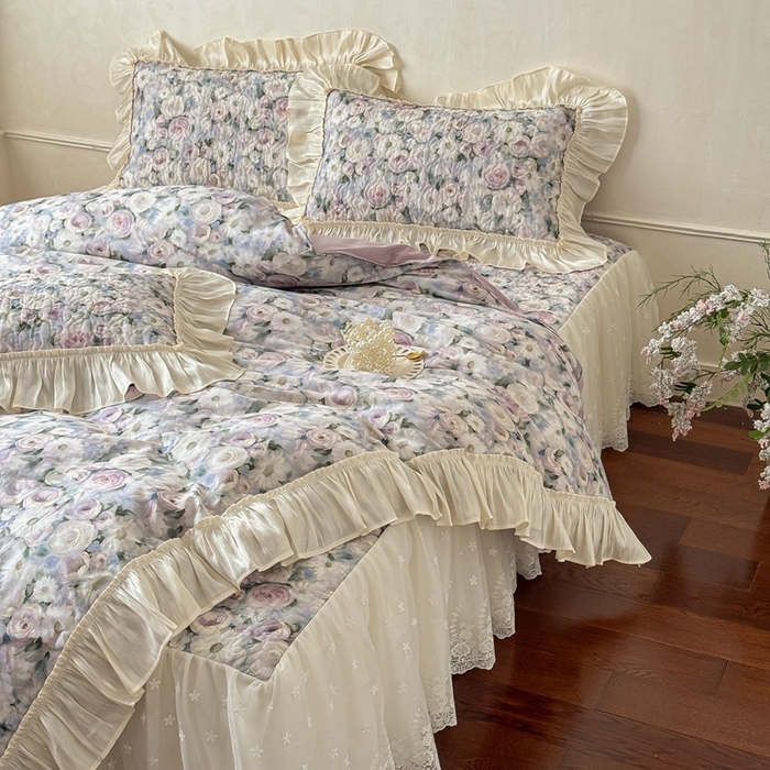 91家纺网 家纺一手货源 找家纺 花香四季家纺 2026新款全棉双层纱床裙三件套 海棠花开-绿