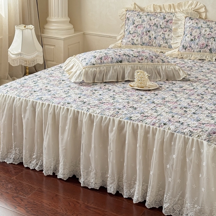 91家纺网 家纺一手货源 找家纺 花香四季家纺 2026新款全棉双层纱床裙三件套 海棠花开-绿