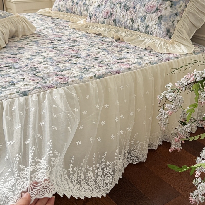 91家纺网 家纺一手货源 找家纺 花香四季家纺 2026新款全棉双层纱床裙三件套 海棠花开-绿