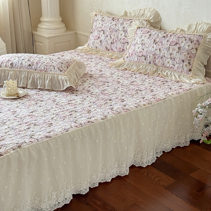 91家纺网 家纺一手货源 找家纺 花香四季家纺 2026新款全棉双层纱床裙三件套 海棠花开-紫