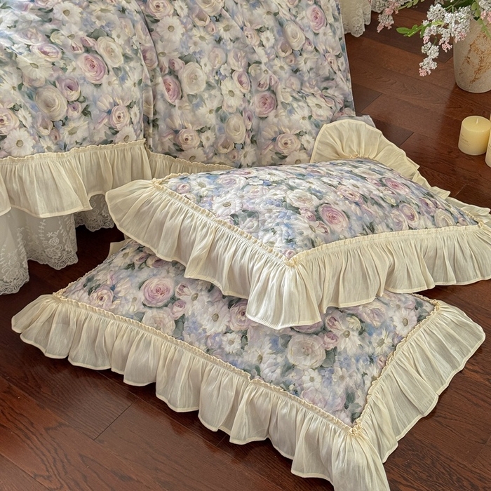 91家纺网 家纺一手货源 找家纺 花香四季家纺 2026新款全棉双层纱床裙三件套 海棠花开-绿