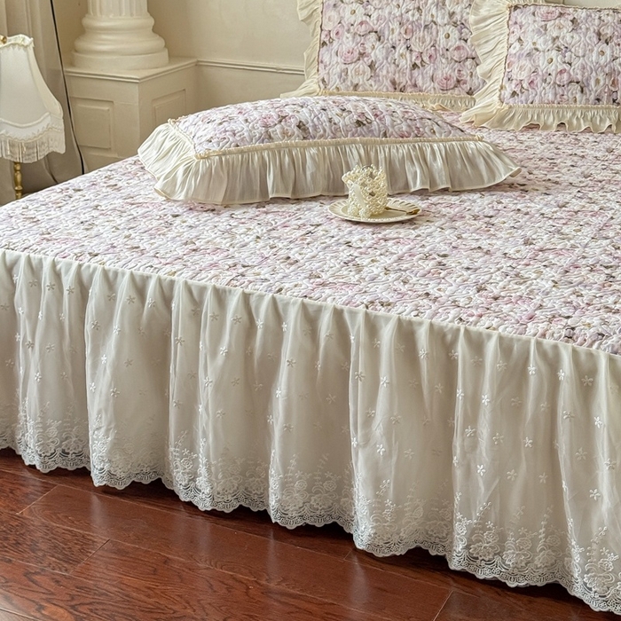 91家纺网 家纺一手货源 找家纺 花香四季家纺 2026新款全棉双层纱床裙三件套 海棠花开-紫