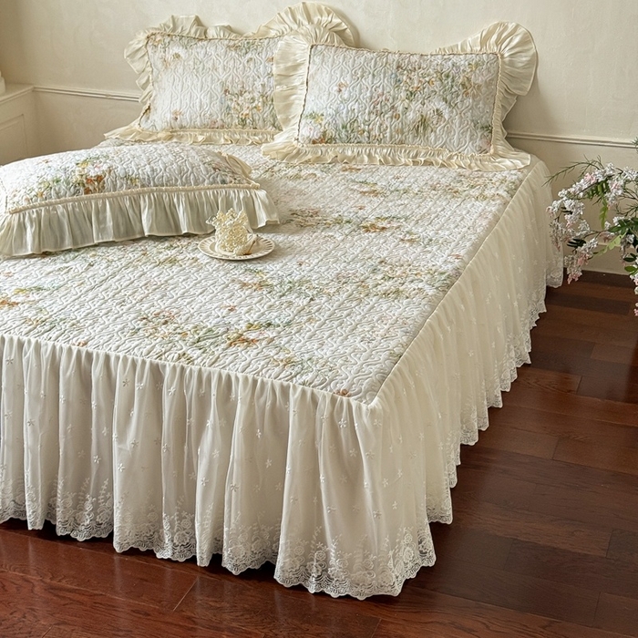 91家纺网 家纺一手货源 找家纺 花香四季家纺 2026新款全棉双层纱床裙三件套 洛丽可