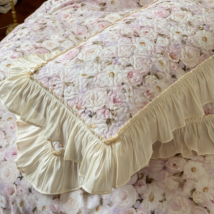 91家纺网 家纺一手货源 找家纺 花香四季家纺 2026新款全棉双层纱床裙三件套 海棠花开-紫