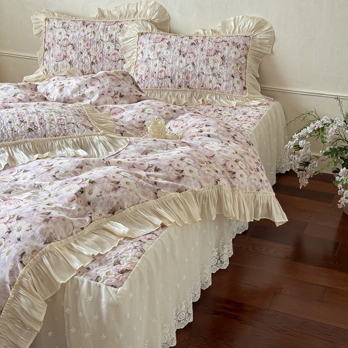 91家纺网 家纺一手货源 找家纺 花香四季家纺 2026新款全棉双层纱床裙三件套 海棠花开-紫